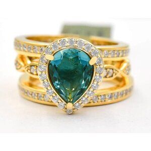 Genuine 3.44 Cts Blue Zircon & White Sapphire Ring Set .925 Silver